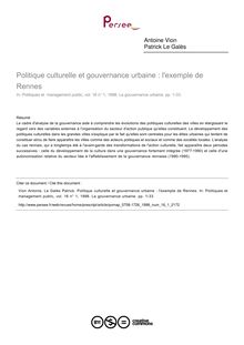 Politique culturelle et gouvernance urbaine : l exemple de Rennes - article ; n°1 ; vol.16, pg 1-33