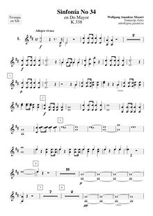 Partition cornes  1, 2 (en B♭), Symphony No.34, C major, Mozart, Wolfgang Amadeus