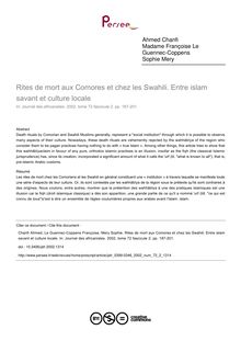 Rites de mort aux Comores et chez les Swahili. Entre islam savant et culture locale - article ; n°2 ; vol.72, pg 187-201