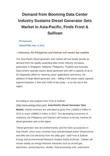 Demand from Booming Data Center Industry Sustains Diesel Generator Sets Market in Asia-Pacific, Finds Frost & Sullivan