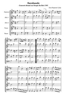 Partition Sarabande - Score, Concert de violons et de hautbois donné pour le souper du Roy le seize janvier 1707