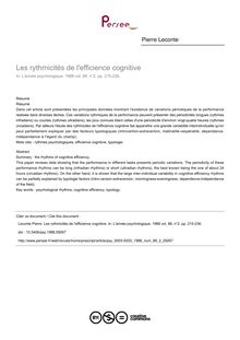 Les rythmicités de l efficience cognitive - article ; n°2 ; vol.88, pg 215-236