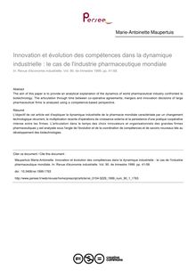 Innovation et évolution des compétences dans la dynamique industrielle : le cas de l industrie pharmaceutique mondiale - article ; n°1 ; vol.90, pg 41-58
