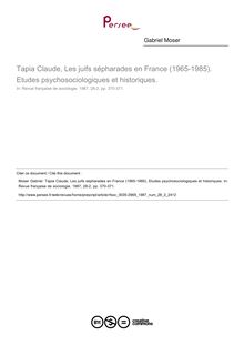 Tapia Claude, Les juifs sépharades en France (1965-1985). Etudes psychosociologiques et historiques.  ; n°2 ; vol.28, pg 370-371