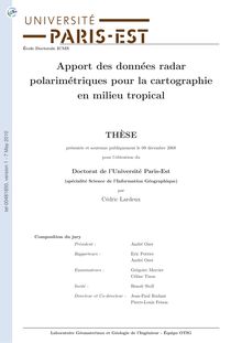 Apport des données radar polarimétriques pour la cartographie en milieu tropical, Contribution of polarimetric SAR data for land use cartography in tropical environment