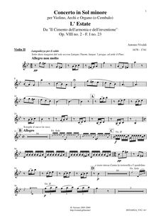 Partition violons II, violon Concerto en G minor, RV 315, L estate (Summer) from Le quattro stagioni (The Four Seasons) par Antonio Vivaldi