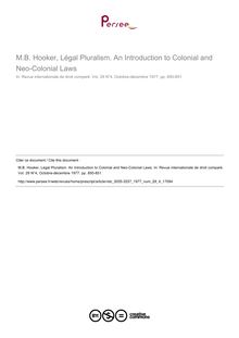 M.B. Hooker, Légal Pluralism. An Introduction to Colonial and Neo-Colonial Laws - note biblio ; n°4 ; vol.29, pg 850-851