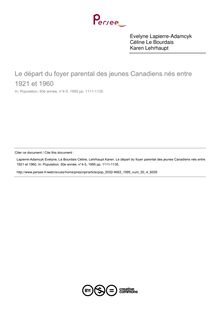 Le départ du foyer parental des jeunes Canadiens nés entre 1921 et 1960 - article ; n°4 ; vol.50, pg 1111-1135