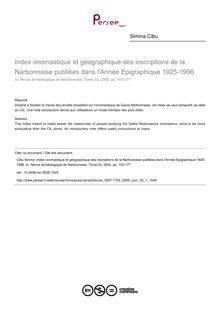 Index onomastique et géographique des inscriptions de la Narbonnaise publiées dans l Année Epigraphique 1925-1996 - article ; n°1 ; vol.33, pg 103-177