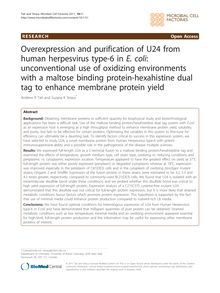 Overexpression and purification of U24 from human herpesvirus type-6 in E. coli: unconventional use of oxidizing environments with a maltose binding protein-hexahistine dual tag to enhance membrane protein yield