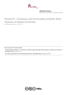 Florence R. J. Goulesque, Une femme poète symboliste, Marie Krysinska, la Calliope du Chat Noir  ; n°119 ; vol.33, pg 111-111