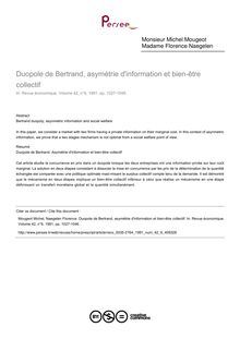 Duopole de Bertrand, asymétrie d information et bien-être collectif - article ; n°6 ; vol.42, pg 1027-1046