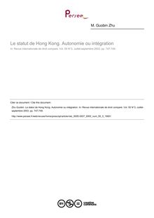 Le statut de Hong Kong. Autonomie ou intégration - note biblio ; n°3 ; vol.55, pg 747-749