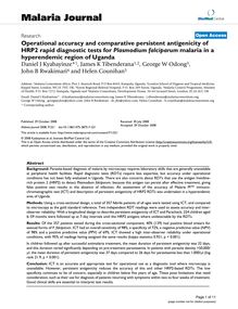 Operational accuracy and comparative persistent antigenicity of HRP2 rapid diagnostic tests for Plasmodium falciparummalaria in a hyperendemic region of Uganda