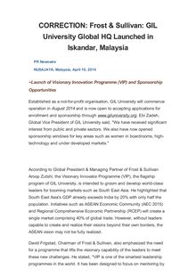 CORRECTION: Frost & Sullivan: GIL University Global HQ Launched in Iskandar, Malaysia