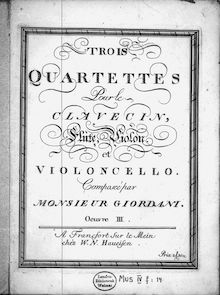 Partition Clavecin, Trois Quartettes Pour le Clavecin, Flûte, Violon et violoncelle.