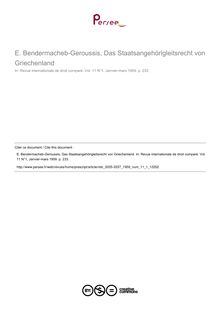 E. Bendermacheb-Geroussis, Das Staatsangehörigleitsrecht von Griechenland - note biblio ; n°1 ; vol.11, pg 233-233