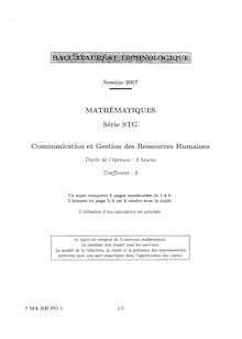 Sujet du bac STG 2007: Mathématiques CGRH