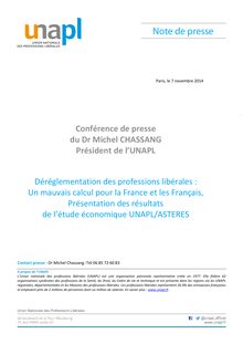 Déréglementation des professions libérales :  Un mauvais calcul pour la France et les Français,  Présentation des résultats  de l’étude économique UNAPL/ASTERES 