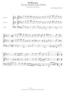Partition , Menuet, Trios de la Chambre du Roi, Lully, Jean-Baptiste