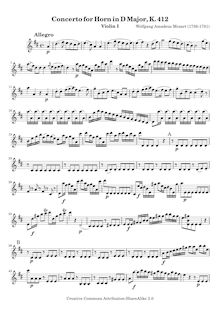 Partition violons I, cor Concerto, Horn Concerto No.1, D major, Mozart, Wolfgang Amadeus