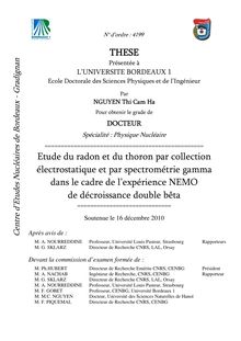 Etude du radon et du thoron par collection électrostatique et par spectrométrie gamma dans le cadre de l’expérience NEMO de décroissance double bêta