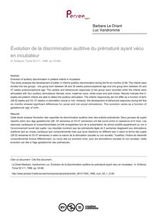 Évolution de la discrimination auditive du prématuré ayant vécu en incubateur - article ; n°1 ; vol.52, pg 53-66