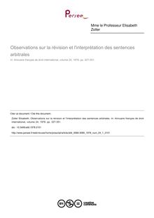 Observations sur la révision et l interprétation des sentences arbitrales - article ; n°1 ; vol.24, pg 327-351