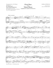 Partition complète (aigu clefs) - B-flat major, 3 duos pour clarinette et basson