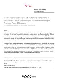 Insertion dans le commerce international et performances sectorielles : une étude sur l emploi industriel dans la région Provence-Alpes-Côte d Azur - article ; n°1 ; vol.50, pg 57-72