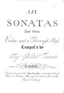 Partition violon 1, 6 sonates pour 2 violons et a Thorough basse