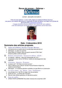 Revue de presse « Défense » Date : 9 décembre 2010 Sommaire des ...