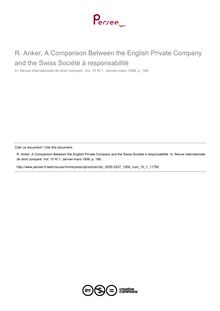 R. Anker, A Comparison Between the English Private Company and the Swiss Société à responsabilité - note biblio ; n°1 ; vol.10, pg 186-186