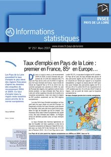 Taux d emploi en Pays de la Loire : premier en France, 85e en Europe...