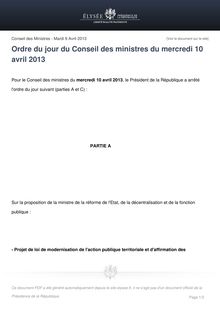 Communiqué de presse de l Elysée : Ordre du jour du Conseil des ministres du mercredi 10 avril 2013