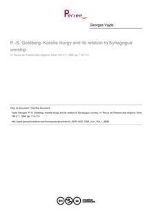 P.-S. Goldberg. Karaïte liturgy and its relation to Synagogue worship  ; n°1 ; vol.154, pg 112-113