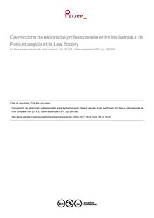Conventions de réciprocité professionnelle entre les barreaux de Paris et anglais et la Law Society - compte-rendu ; n°3 ; vol.28, pg 588-590