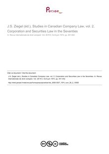 J.S. Ziegel (éd.), Studies in Canadian Company Law, vol. 2, Corporation and Securities Law in the Seventies - note biblio ; n°2 ; vol.26, pg 441-442
