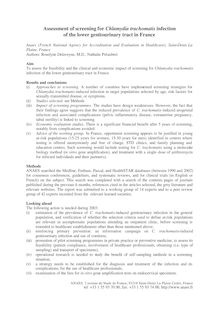 Évaluation du dépistage des infections uro-génitales basses à Chlamydia trachomatis en France - Assessment of screening for Chlamydia trachomatis infection of the lower genitourinary tract in France