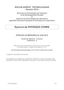 Baccalauréat Physique-Chimie 2016 - Séries STI2D, STL, SPCL