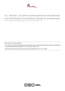 K.-L. Hermann, Les ventes à rembarquement en droit allemand et en droit français et les conditions requises du connaissement - note biblio ; n°2 ; vol.15, pg 433-433