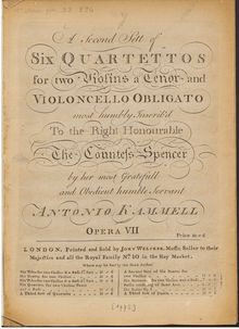 Partition viole de gambe, 6 quatuors, A Second Sett of Six Quartettos for two Violins, a Tenor and Violoncello Obligato