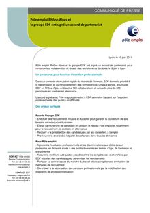Communiqué de presse 10 juin 2011 - Pôle emploi Rhône-Alpes et le groupe EDF ont signé un accord de partenariat