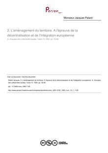 L aménagement du territoire. A l épreuve de la décentralisation et de l intégration européenne - article ; n°1 ; vol.13, pg 33-49