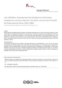 Les médailles, récompenses des étudiants en pharmacie, lauréats aux concours des prix. 4e partie, Les prix de la Faculté de Pharmacie de Paris (1920-1968) - article ; n°268 ; vol.74, pg 16-21