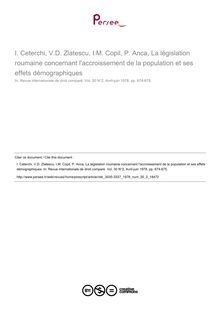 Ceterchi, V.D. Zlatescu, I.M. Copil, P. Anca, La législation roumaine concernant l accroissement de la population et ses effets démographiques - note biblio ; n°2 ; vol.30, pg 674-675