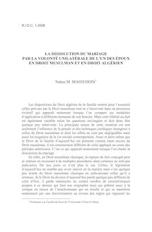 La dissolution du mariage par la volonté unilatérale de l’un des époux en droit musulman et en droit algérien - article ; n°1 ; vol.58, pg 73-100