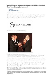 Plantagon Wins Swedish-American Chamber of Commerce New York-Deloitte Green Award