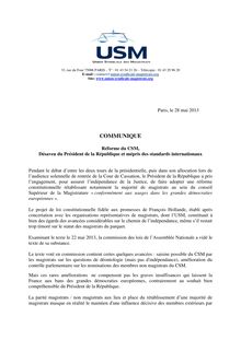 Communiqué de l Union Syndicale des Magistrats - Réforme du CSM,  Désaveu du Président de la République et mépris des standards internationaux