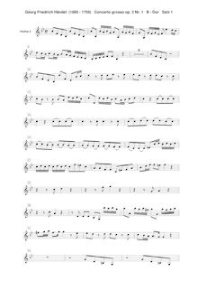 Partition violons II, Concerto Grosso en B-flat major, 2 Recorders, 2 Oboes, 2 Bassoons + 2 Violins, 2 Violas + Continuo (Cellos, Keyboard)I. Allegro: Oboe 1 / 2, Violins I, II, Violas I, II, Continuo (Cellos, Basses, Bassoon 1 / 2)II. Largo: Recorder 1, 2, Oboe 1, Bassoon 1 / 2, Violins I, II, Violas I, II, Continuo (Cellos, Basses, Keyboard)III. Vivace: Oboe 1, 2, Bassoon 1 / 2, Violins I, II, Violas I, II, Continuo (Cellos, Basses, Keyboard)
